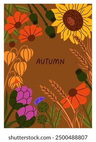 Autumn card, fall season flower blossoms. Botanical natural poster, framed floral blooming background. Vertical postcard design with delicate gentle wildflowers. Flat graphic vector illustration