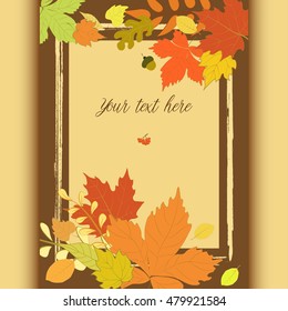 Autumn card with frame and text space. Vector illustration with hand drawn falling autumn leaves. Sketch, design elements. Decor for invitations, greeting cards, posters, covers.