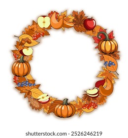 autumn card, frame, wreath from crop, pumpkins, apples, berries, acorns and autumn leaves. happy thanksgiving. bright vector illustration background,  template for greeting, invitation, poster, banner