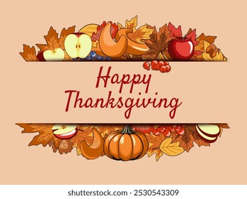 autumn card, frame, wreath from crop, pumpkins, apples, berries, acorns and autumn leaves. happy thanksgiving. bright vector illustration background, template for greeting, invitation, poster, banner