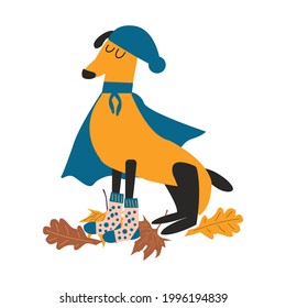 Autumn card. Funny dog dressed warmly in cold autumn weather in a hat, raincoat and in socks and leaves under the paws of the dog. Vector illustration 