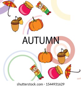 Autumn card with a girl, an umbrella pumpkin acorns and jam