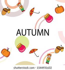 Autumn card with a girl, an umbrella pumpkin acorns and jam