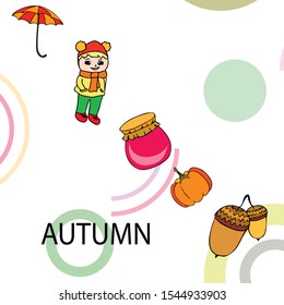 Autumn card with a girl, an umbrella pumpkin acorns and jam