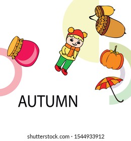 Autumn card with a girl, an umbrella pumpkin acorns and jam