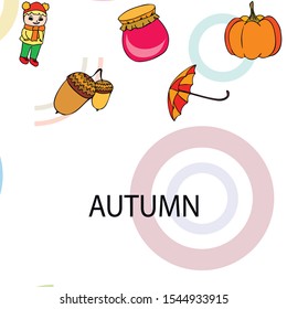 Autumn card with a girl, an umbrella pumpkin acorns and jam