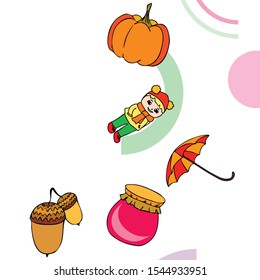 Autumn card with a girl, an umbrella pumpkin acorns and jam