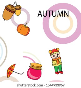 Autumn card with a girl, an umbrella pumpkin acorns and jam