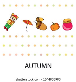 Autumn card with a girl, an umbrella pumpkin acorns and jam