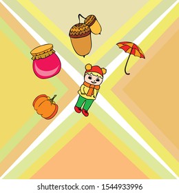 Autumn card with a girl, an umbrella pumpkin acorns and jam
