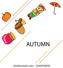 Autumn card with a girl, an umbrella pumpkin acorns and jam