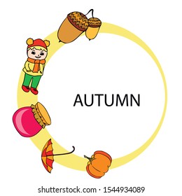 Autumn card with a girl, an umbrella pumpkin acorns and jam