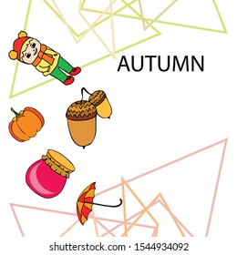 Autumn card with a girl, an umbrella pumpkin acorns and jam