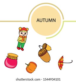 Autumn card with a girl, an umbrella pumpkin acorns and jam