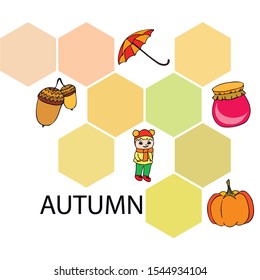 Autumn card with a girl, an umbrella pumpkin acorns and jam