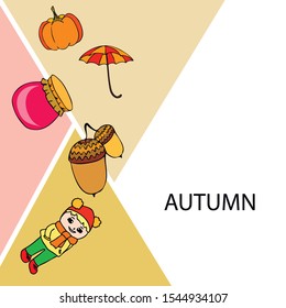 Autumn card with a girl, an umbrella pumpkin acorns and jam