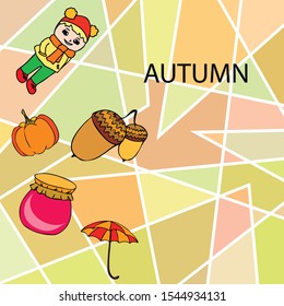 Autumn card with a girl, an umbrella pumpkin acorns and jam