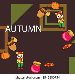 Autumn card with a girl, an umbrella pumpkin acorns and jam