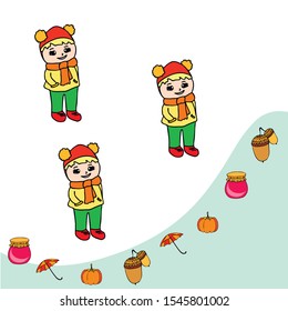 Autumn card with a girl, an umbrella pumpkin acorns and jam