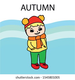 Autumn card with a girl, an umbrella pumpkin acorns and jam