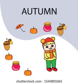 Autumn card with a girl, an umbrella pumpkin acorns and jam