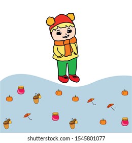 Autumn card with a girl, an umbrella pumpkin acorns and jam