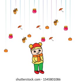 Autumn card with a girl, an umbrella pumpkin acorns and jam