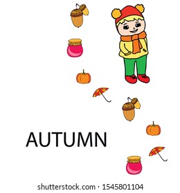 Autumn card with a girl, an umbrella pumpkin acorns and jam