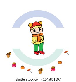 Autumn card with a girl, an umbrella pumpkin acorns and jam
