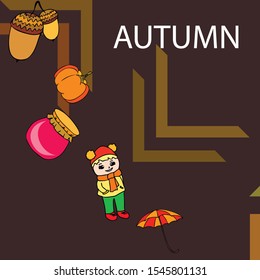 Autumn card with a girl, an umbrella pumpkin acorns and jam