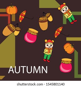 Autumn card with a girl, an umbrella pumpkin acorns and jam