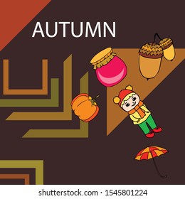 Autumn card with a girl, an umbrella pumpkin acorns and jam
