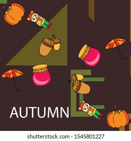 Autumn card with a girl, an umbrella pumpkin acorns and jam