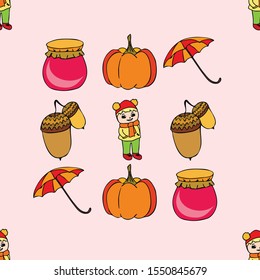 Autumn card with a girl, an umbrella pumpkin acorns and jam