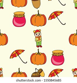 Autumn card with a girl, an umbrella pumpkin acorns and jam