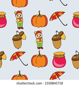 Autumn card with a girl, an umbrella pumpkin acorns and jam
