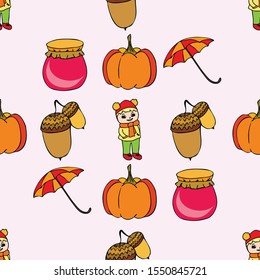 Autumn card with a girl, an umbrella pumpkin acorns and jam