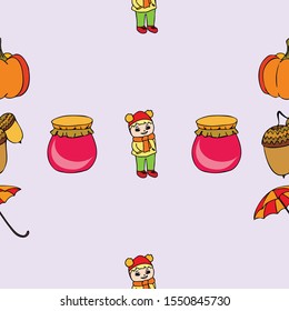 Autumn card with a girl, an umbrella pumpkin acorns and jam