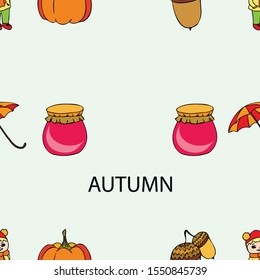 Autumn card with a girl, an umbrella pumpkin acorns and jam