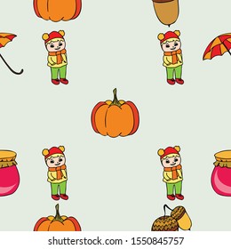 Autumn card with a girl, an umbrella pumpkin acorns and jam