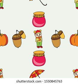 Autumn card with a girl, an umbrella pumpkin acorns and jam