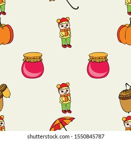 Autumn card with a girl, an umbrella pumpkin acorns and jam