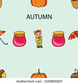 Autumn card with a girl, an umbrella pumpkin acorns and jam