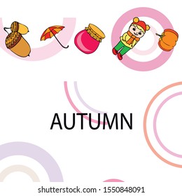 Autumn card with a girl, an umbrella pumpkin acorns and jam