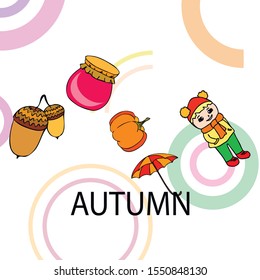 Autumn card with a girl, an umbrella pumpkin acorns and jam