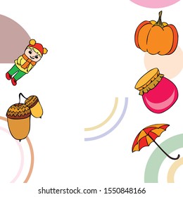 Autumn card with a girl, an umbrella pumpkin acorns and jam