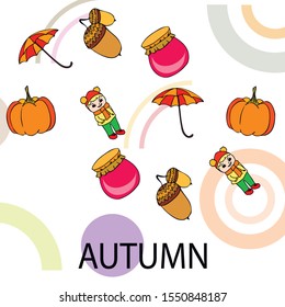 Autumn card with a girl, an umbrella pumpkin acorns and jam