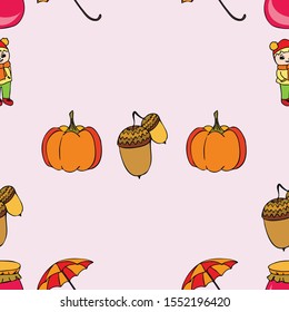 Autumn card with a girl, an umbrella pumpkin acorns and jam
