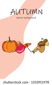 Autumn card with a girl, an umbrella pumpkin acorns and jam