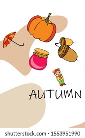 Autumn card with a girl, an umbrella pumpkin acorns and jam